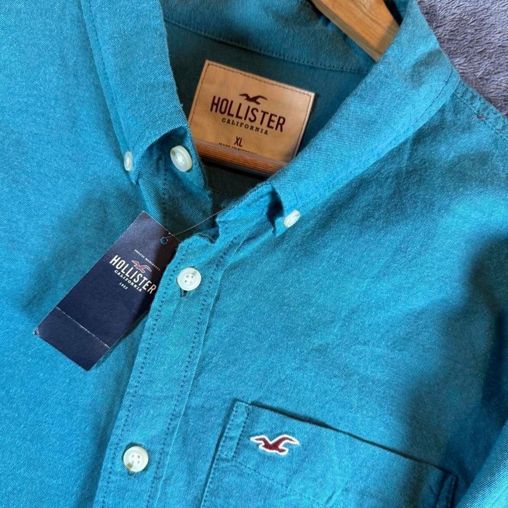 Hollister Mens XL Teal Green Cotton Flannel Long Sleeve Button Down Shirt NWT